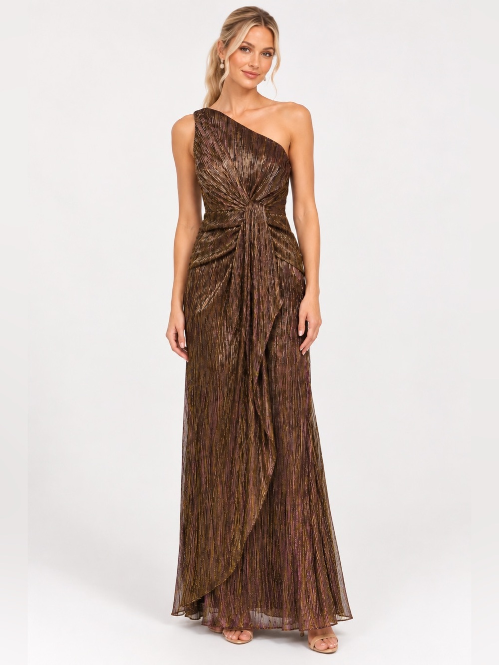 Adrianna Papell SZ 4 NWT Metallic Brown/Bronze One Shoulder Formal Gown GALA MOB